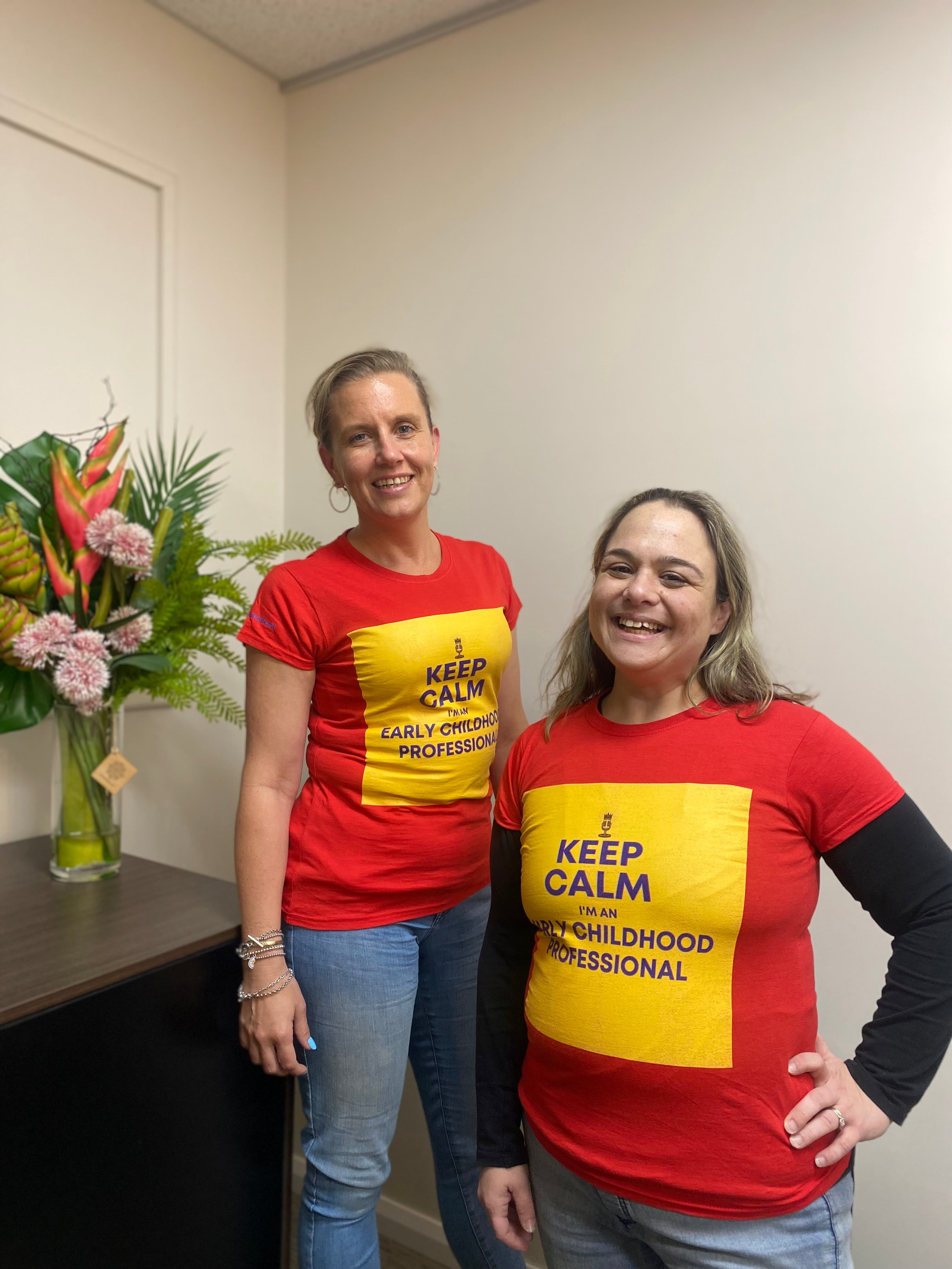 Heidi and Julia wearing Keep Calm T-shirts